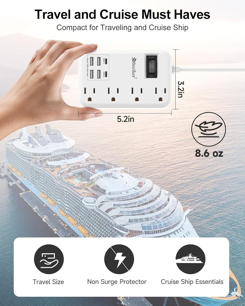 Beeiker 6 USB(2 USB C) Travel Power Strip- Flat Plug Extension Cord 3 Feet with 4.8A 24W USB Charging Station and 4 Outlets, 3 FT Short Extension Cord Portable for Travel Cruise Office College Dorm - Image 3
